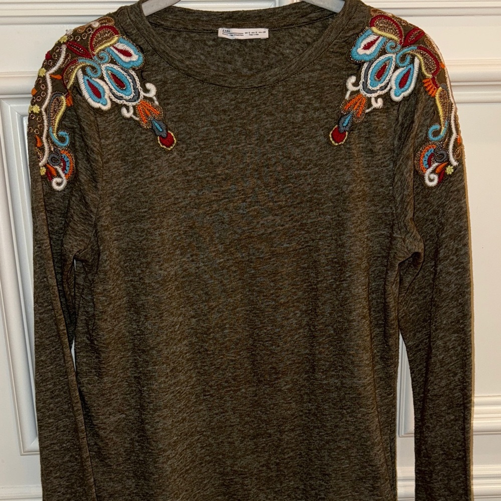 Zara Olive Embroidered Shoulder tee with Multicolor Detail